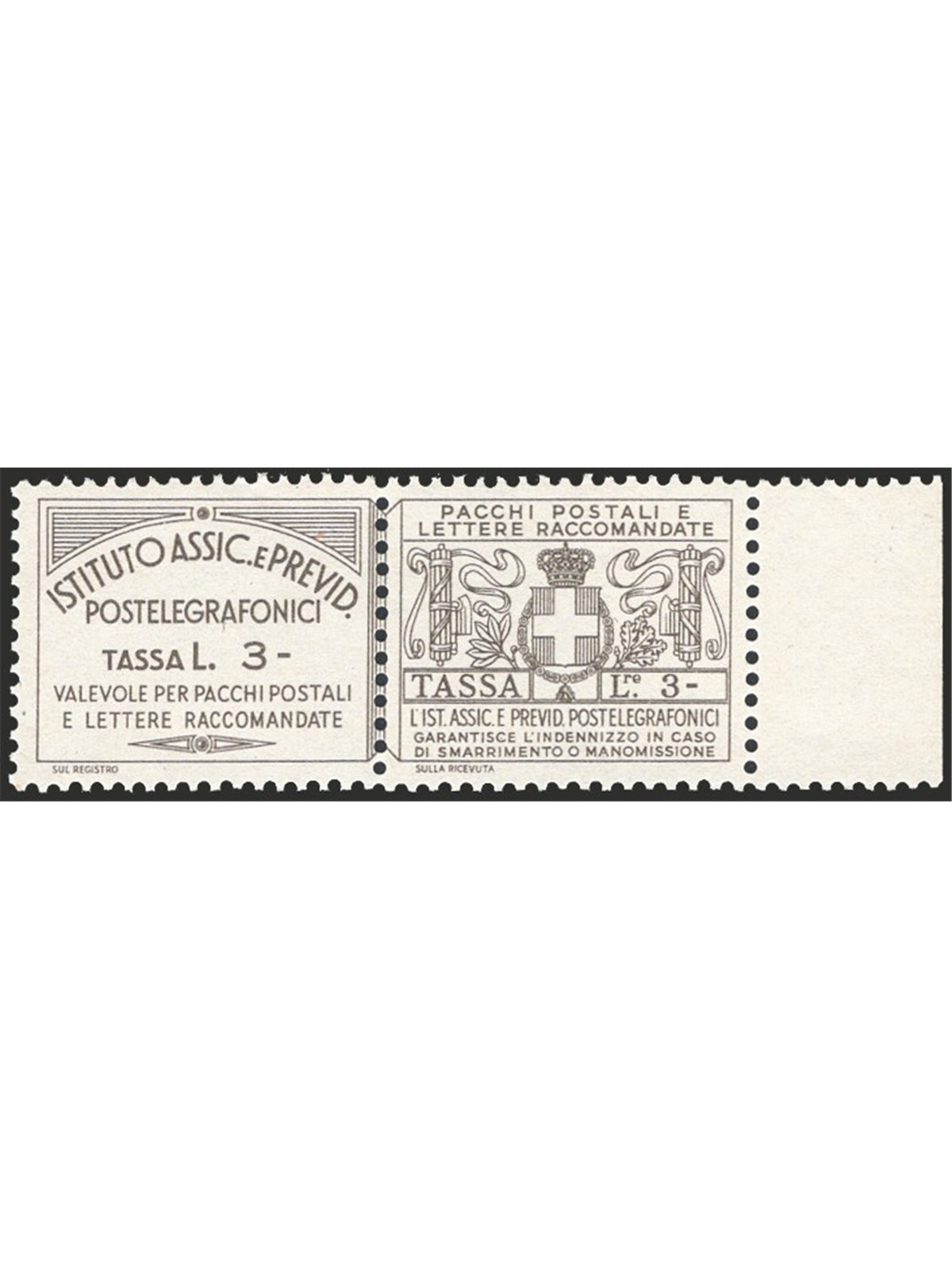Italy 1936 Insurance stamps for postal parcels and registered letters 3 £ olive-grey No. 15 CiBaFil certified Cat. € 350 (**)