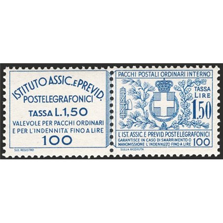 Italia 1936 Francobolli assicurativi per pacchi postali e lettere raccomandate 1,75 £ azzurro n° 17 Cert. CiBaFil Cat. € 400 (**