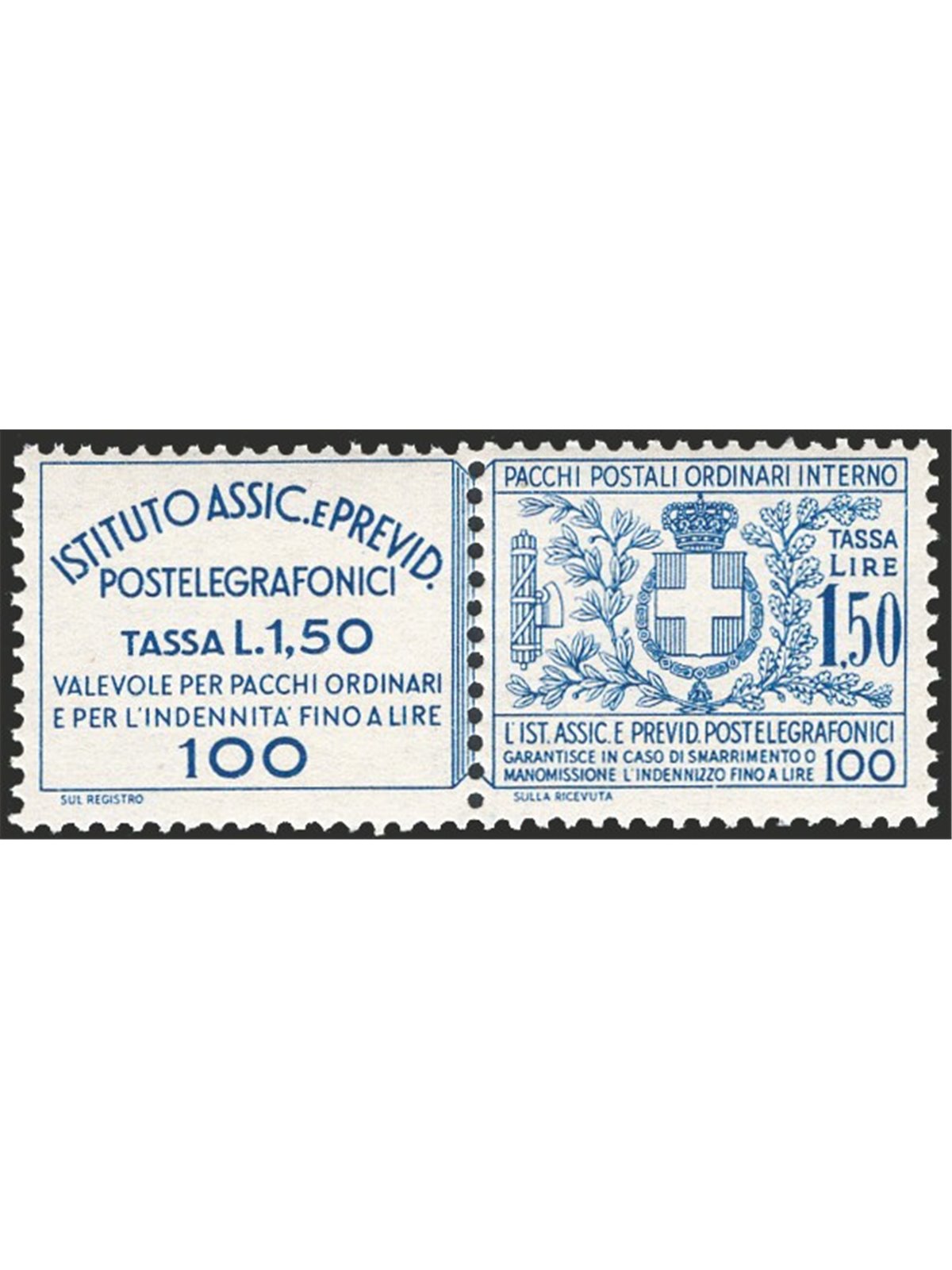 Italia 1936 Francobolli assicurativi per pacchi postali e lettere raccomandate 1,75 £ azzurro n° 17 Cert. CiBaFil Cat. € 400 (**