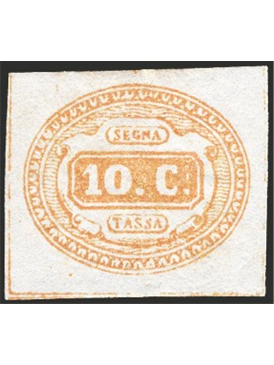 Italy 1869 Oval-shaped tax mark 10 c. yellow No. 1. Signed AD. CiBaFil Cert. Cat. € 2,600 (*)