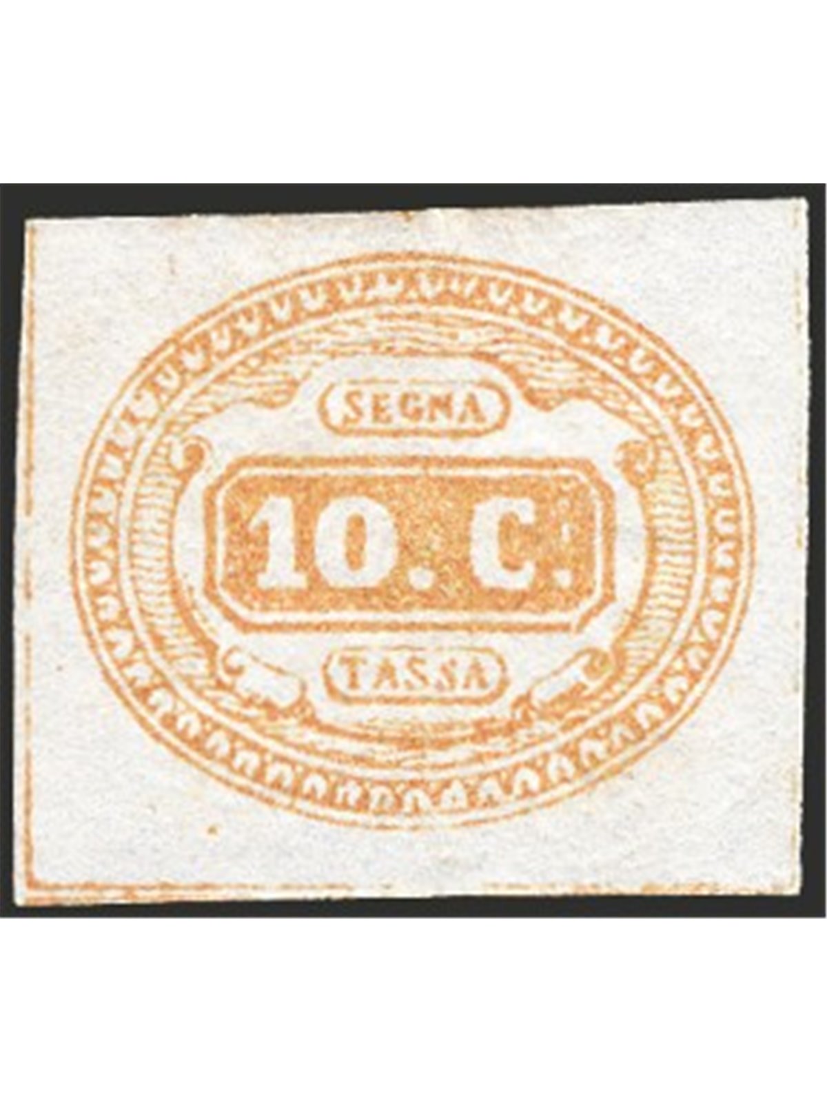 Italia 1869 Segnatasse cifra in ovale 10 c. giallo n° 1. Firm. AD Cert. CiBaFil Cat. € 2.600 (*)