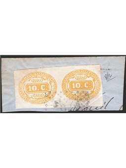 Italy 1869 Oval-shaped tax mark 10 c. yellow No. 1 in a horizontal pair with a dotted numeric cancellation on a fragment. CiBaFi