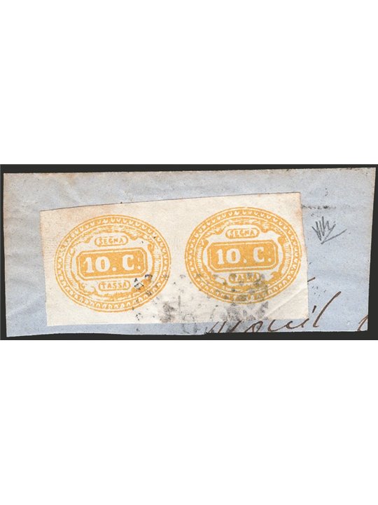 Italia 1869 Segnatasse cifra in ovale 10 c. giallo n° 1 in coppia orizzontale con annullo numerale a punti su frammento Cert. Ci