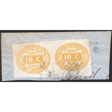 Italia 1869 Segnatasse cifra in ovale 10 c. giallo n° 1 in coppia orizzontale con annullo numerale a punti su frammento Cert. Ci