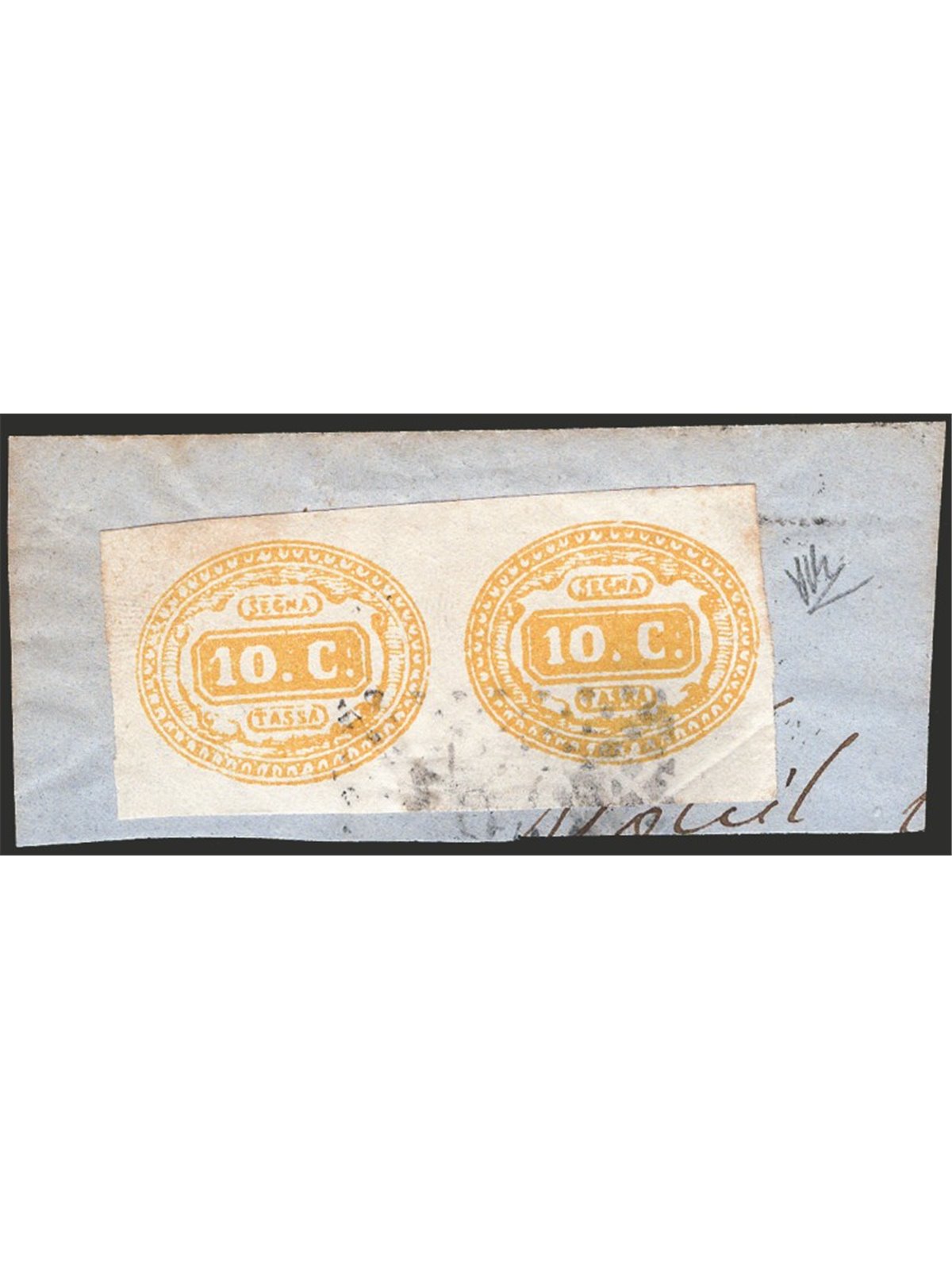 Italia 1869 Segnatasse cifra in ovale 10 c. giallo n° 1 in coppia orizzontale con annullo numerale a punti su frammento Cert. Ci