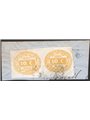 Italy 1869 Oval-shaped tax mark 10 c. yellow No. 1 in a horizontal pair with a dotted numeric cancellation on a fragment. CiBaFi