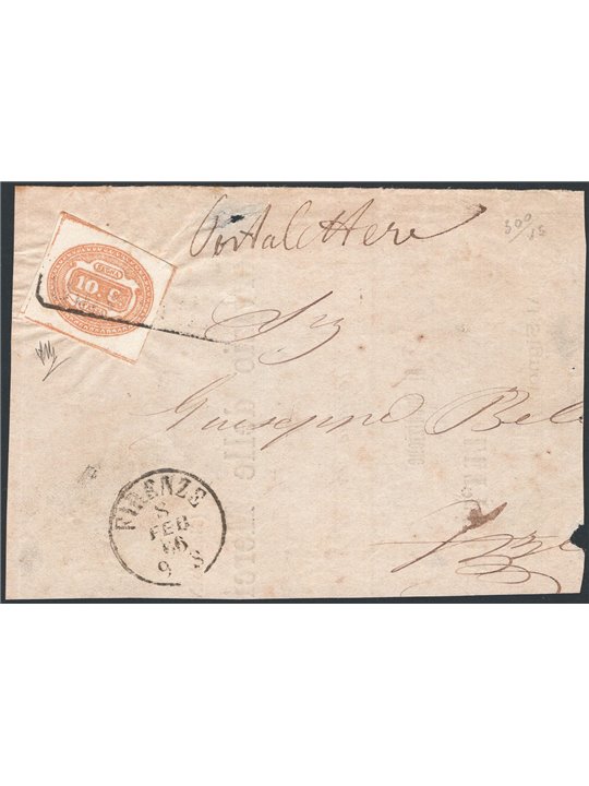 Italy 1869 Tax stamp numeral in oval 10 c. yellow No. 1c on a large well-margined fragment of a letter cancelled with a barely l
