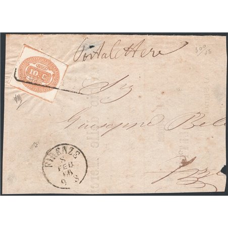 Italy 1869 Tax stamp numeral in oval 10 c. yellow No. 1c on a large well-margined fragment of a letter cancelled with a barely l