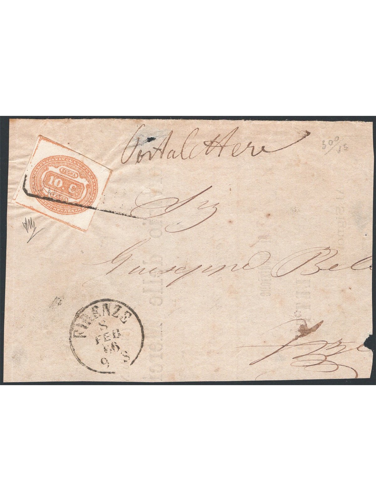 Italia 1869 Segnatasse cifra in ovale 10 c. giallo n° 1c su ampio frammento di lettera ben marginato ed annullato con impronta “