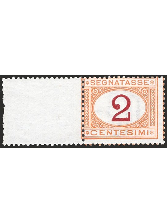 Italia 1870 Segnatasse cifra 2 c. bordo di foglio ocra e violetto scuro (cifra 2) n° 4/I Cert. CiBaFil Cat. € 750 (**)