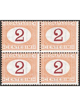 Italia 1870 Segnatasse cifra 2 c. ocra e violetto scuro (cifra 2) n° 4/I in quartina Cert. CiBaFil Cat. € 3.000 (**)