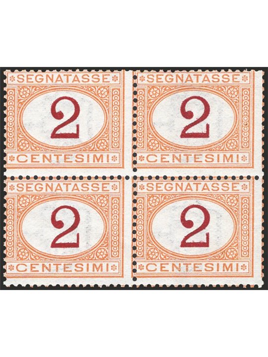 Italy 1870 Tax stamp figure 2 ochre and dark violet (figure 2) no. 4/I in a block of four CiBaFil Cat. € 3,000 (**)