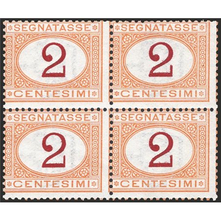 Italy 1870 Tax stamp figure 2 ochre and dark violet (figure 2) no. 4/I in a block of four CiBaFil Cat. € 3,000 (**)