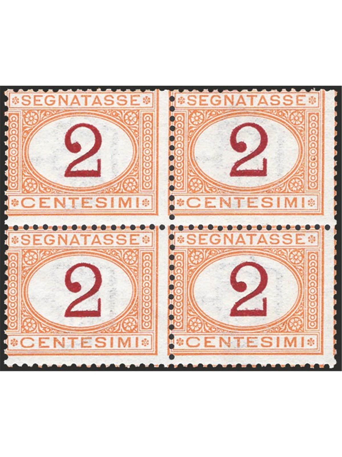 Italia 1870 Segnatasse cifra 2 c. ocra e violetto scuro (cifra 2) n° 4/I in quartina Cert. CiBaFil Cat. € 3.000 (**)