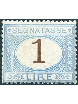 Italy 1870 Tax stamp figure 1 light blue and brown no. 11 with fair centring. Signed AD ED Biondi catalogue €32,000 (**)