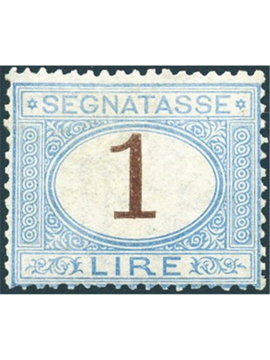 Italia 1870 Segnatasse cifra 1 £ azzurro chiaro e bruno n° 11 con discreta centratura. Firm. AD ED Cert. Biondi Cat. € 32.000 (*