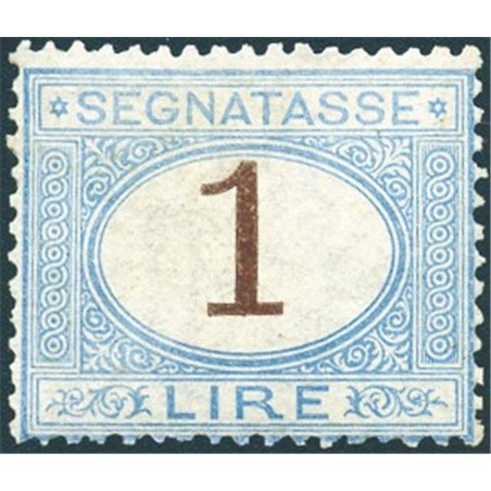 Italia 1870 Segnatasse cifra 1 £ azzurro chiaro e bruno n° 11 con discreta centratura. Firm. AD ED Cert. Biondi Cat. € 32.000 (*