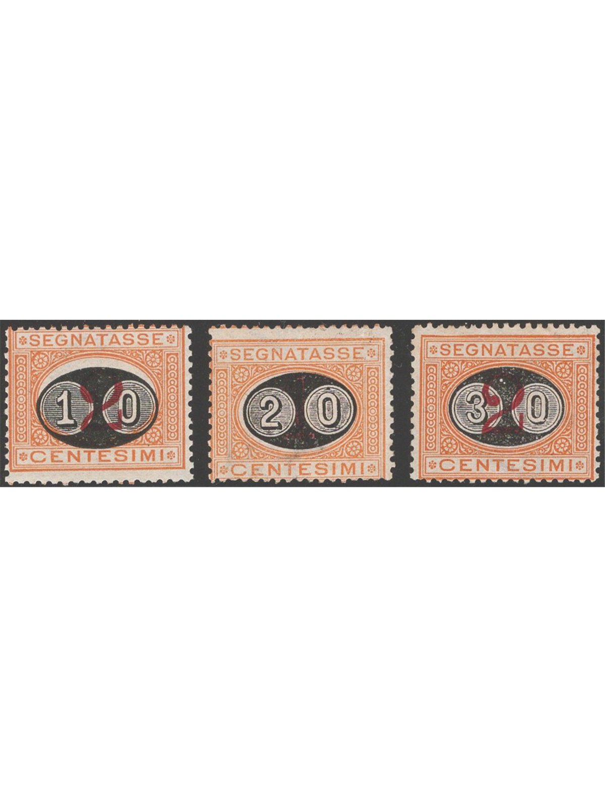 Italia 1890/91 Segnatasse soprast. serie n° 17/19. Firm. AD ED Cert. Apicella Cat. € 2.410 (**)