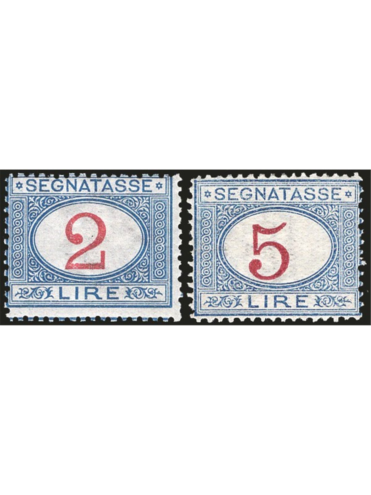Italia 1903 Segnatasse cifra 2 £ e 5 £ serie n° 29/30 Cert. CiBaFil Cat. € 1.500 (**)