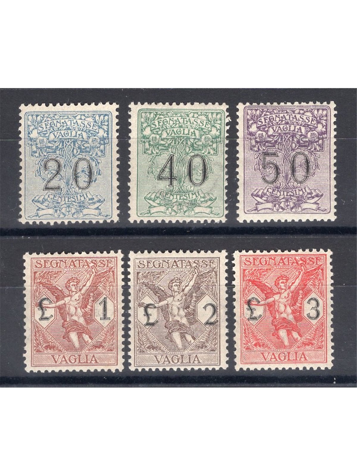 Italy 1924 Tax stamp for money orders with allegorical subjects series no. 1/6 with excellent centring Cert. Biondi Cat. €3,375 