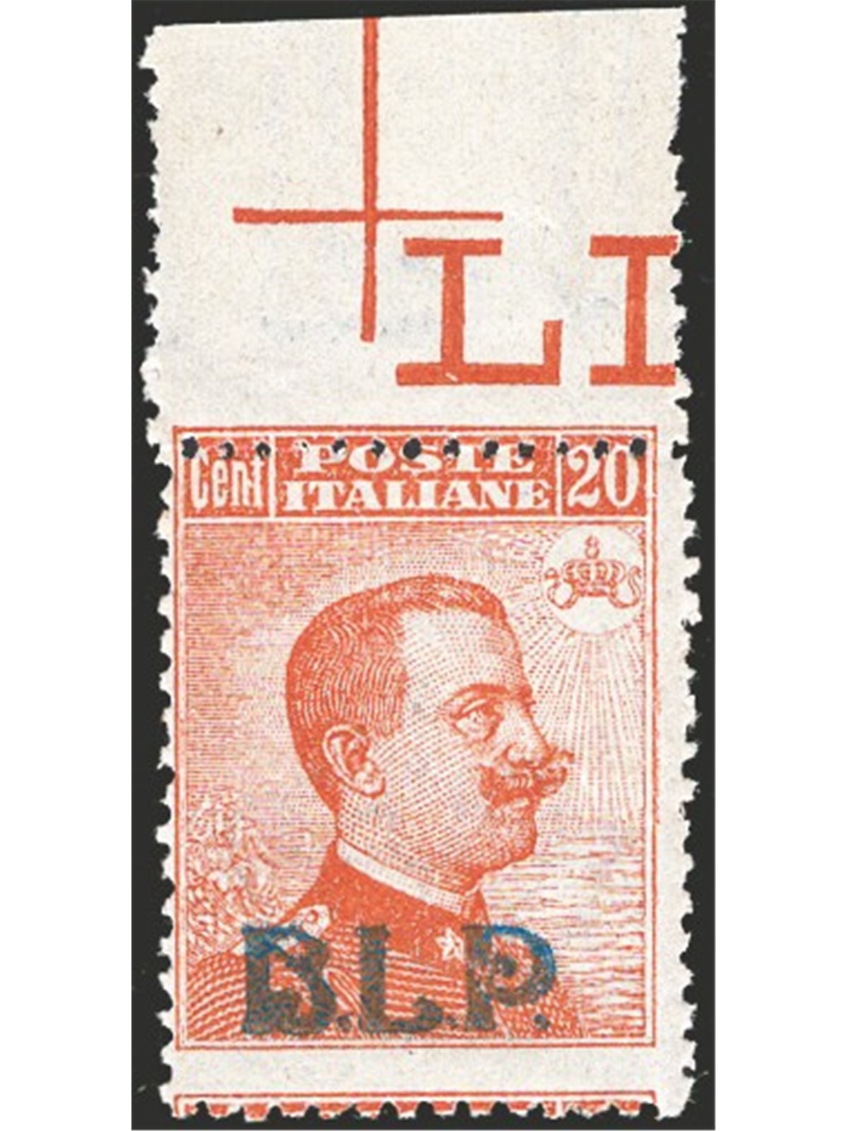 Italia 1921 BLP 20 c. arancio con soprast. 1° tipo n° 2 Cert. Biondi Cat. € 5.000 (**)