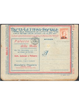 Italy 1921 BLP ‘Palazzo della Moda’ postal letter with BLP 20 c. orange 1st type no. 2 CiBaFil certified Cat. € 1,100