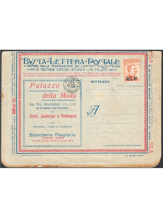 Italy 1921 BLP ‘Palazzo della Moda’ postal letter with BLP 20 c. orange 1st type no. 2 CiBaFil certified Cat. € 1,100