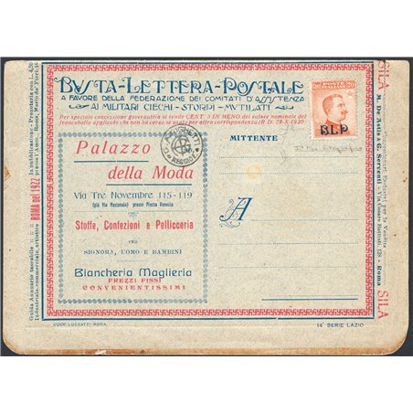Italy 1921 BLP ‘Palazzo della Moda’ postal letter with BLP 20 c. orange 1st type no. 2 CiBaFil certified Cat. € 1,100