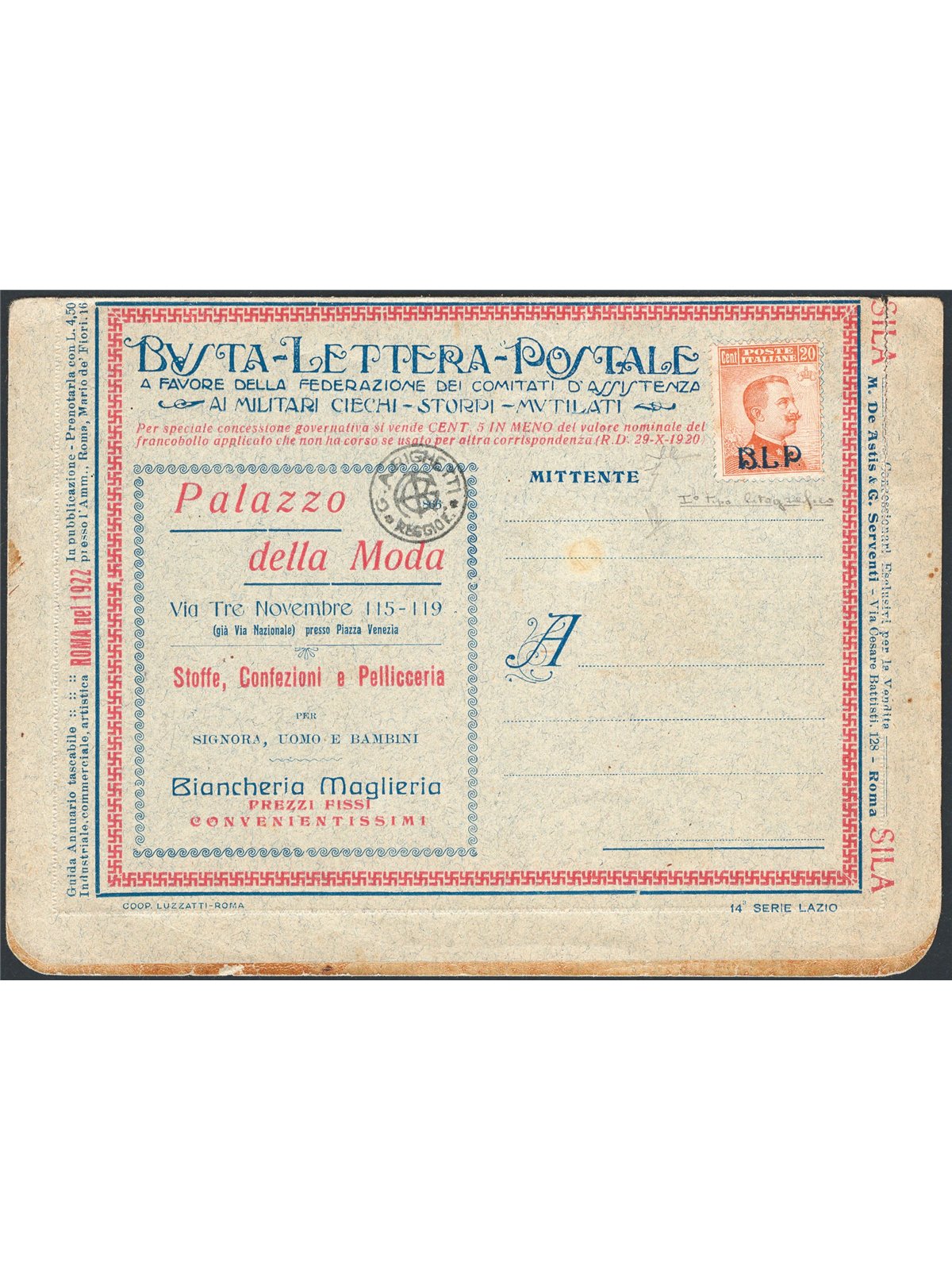 Italia 1921 BLP Lettera postale “Palazzo della Moda” con BLP 20 c. arancio del 1° tipo n° 2 Cert. CiBaFil Cat. € 1.100