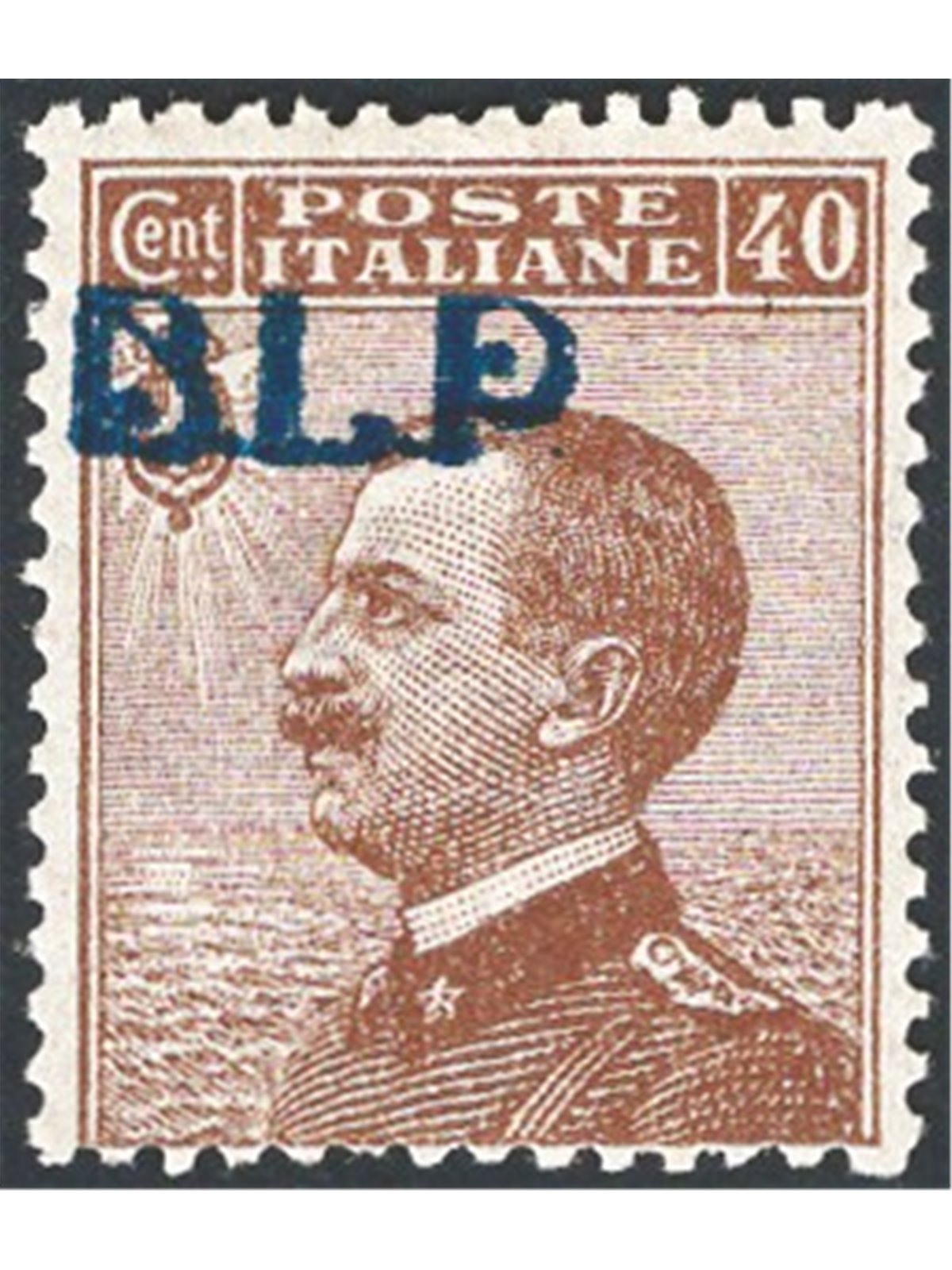 Italy 1921 BLP Michetti 40 c. brown with light blue and black overprint of the 1st type heavily shifted upwards and to the left 