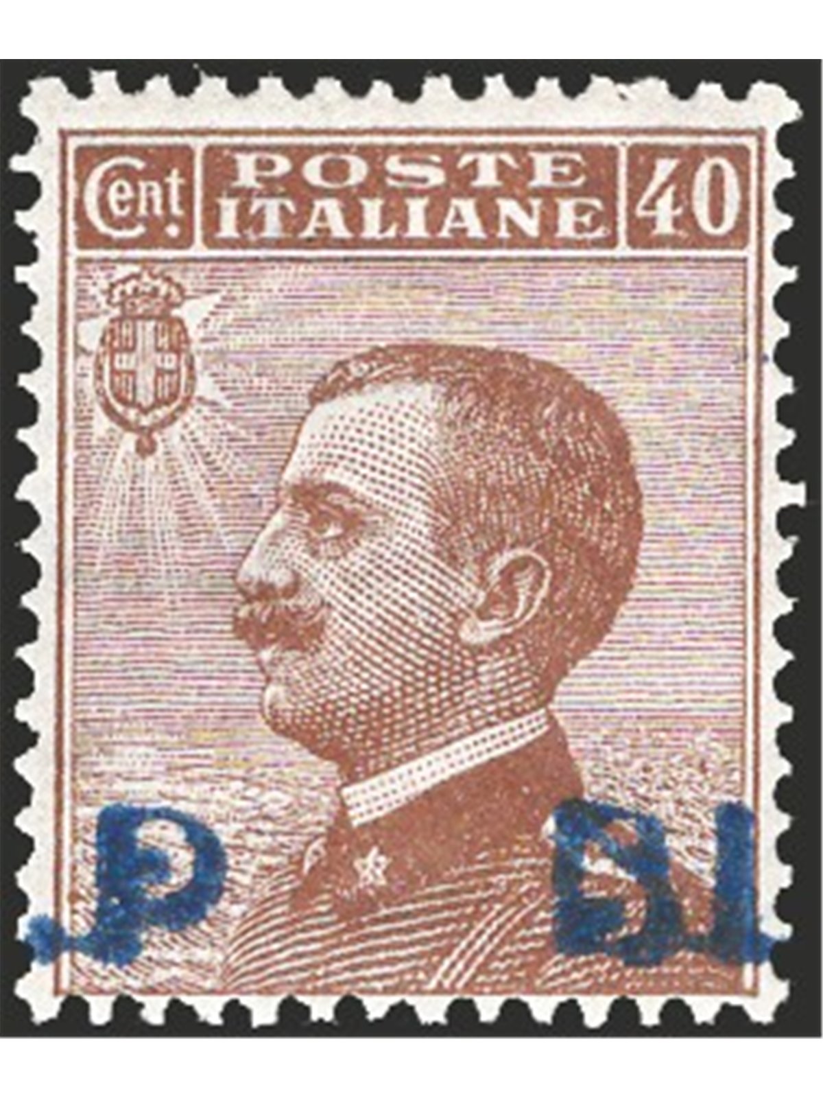 Italy 1921 BLP Michetti 40 c. brown with light blue and black overprint of the 1st type heavily shifted to the right ‘P B.L.’ no