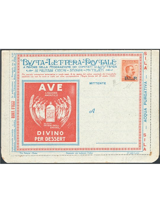 Italy 1921 BLP ‘Ave Divino Dessert’ postal letter with BLP 20 c. orange 2nd type no. 7. Signed AD Chia certified by CiBaFil cata