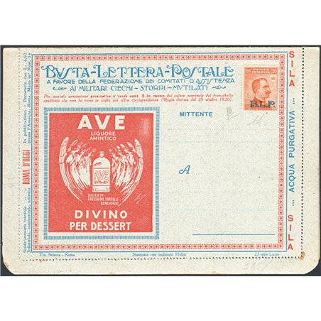 Italia 1921 BLP Lettera postale “Ave Divino Dessert” con BLP 20 c. arancio del 2° tipo n° 7. Firm. AD Chia Cert. CiBaFil Cat. € 