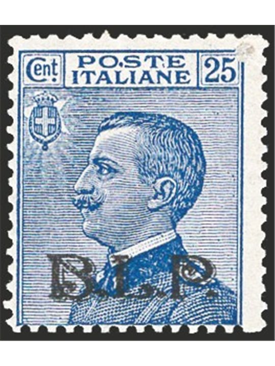 Italia 1921 BLP 25 c. azzurro con soprast. 2° tipo in nero n° 8. Firm. L. Raybaudi AD Cert. CiBaFil Cat. € 550 (**)