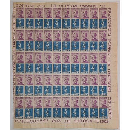 Italia 1925 Pubblicitari 50 c. violetto De Montel il foglio non piegato da 50 esemplari sono presenti le varietà 11 raggi e 9 ra