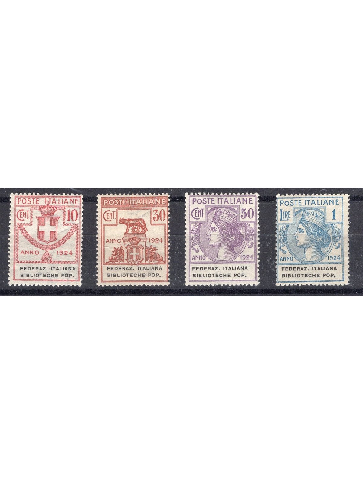 Italia 1924 Parastatali Federaz. Italiana Biblioteche serie n° 34/37 Cert. CiBaFil Cert. Biondi Cat. € 1.000 (**)