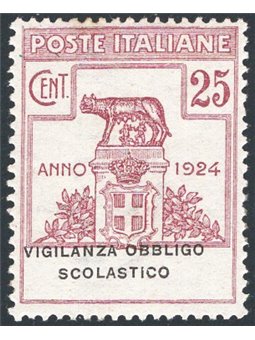 Italia 1924 Parastatali Vigilanza Obbligo Scolastico 25 c. lilla bruno n° 69 con ottima centratura. Firm. Chia Cert. CiBaFil Cat