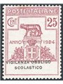 Italia 1924 Parastatali Vigilanza Obbligo Scolastico 25 c. lilla bruno n° 69 con ottima centratura. Firm. Chia Cert. CiBaFil Cat