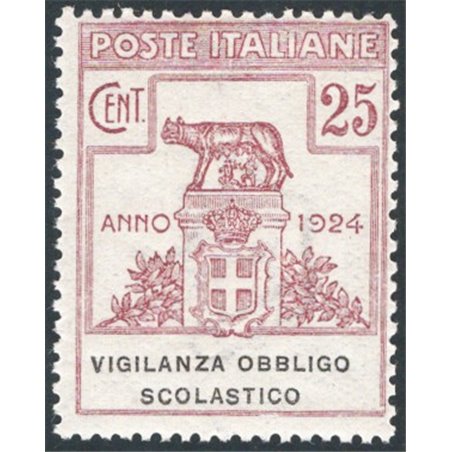 Italia 1924 Parastatali Vigilanza Obbligo Scolastico 25 c. lilla bruno n° 69 Cert. CiBaFil Cat. € 350 (**)