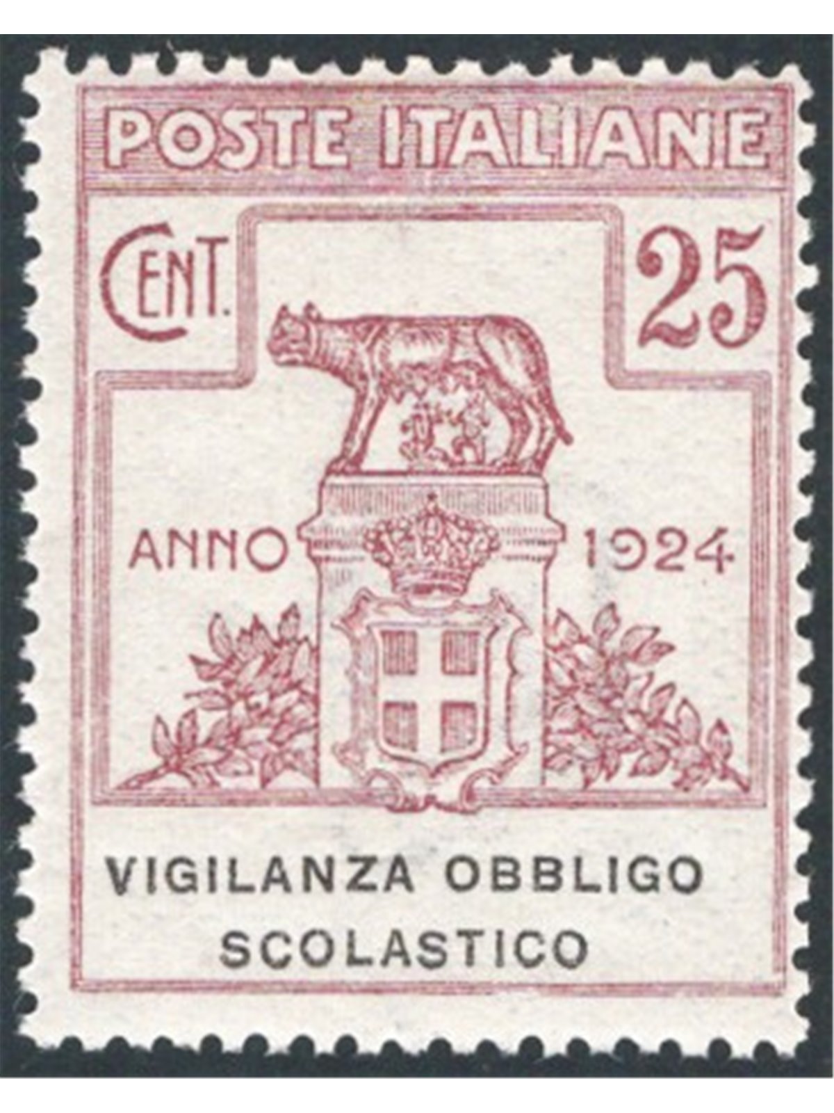 Italia 1924 Parastatali Vigilanza Obbligo Scolastico 25 c. lilla bruno n° 69 Cert. CiBaFil Cat. € 350 (**)