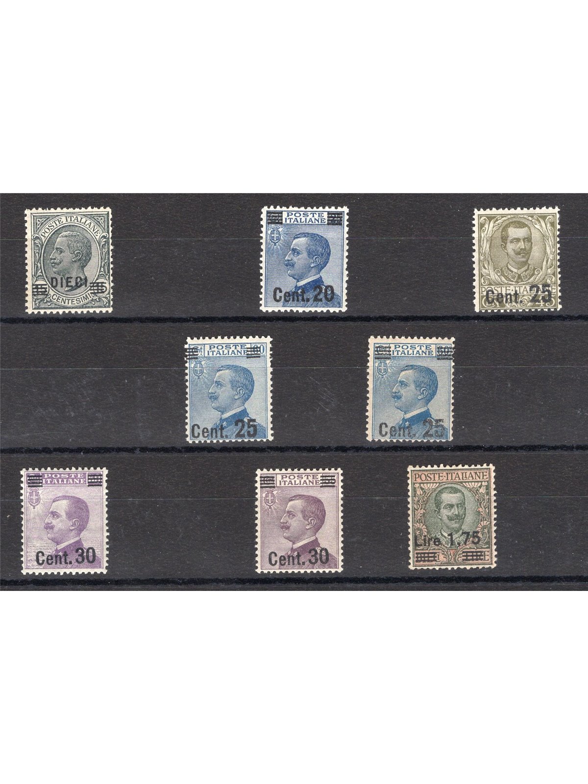 Italy 1924/25 Provisional overprints series no. 175/82 with excellent centring; certified by CiBaFil; Cat. €800 (**)