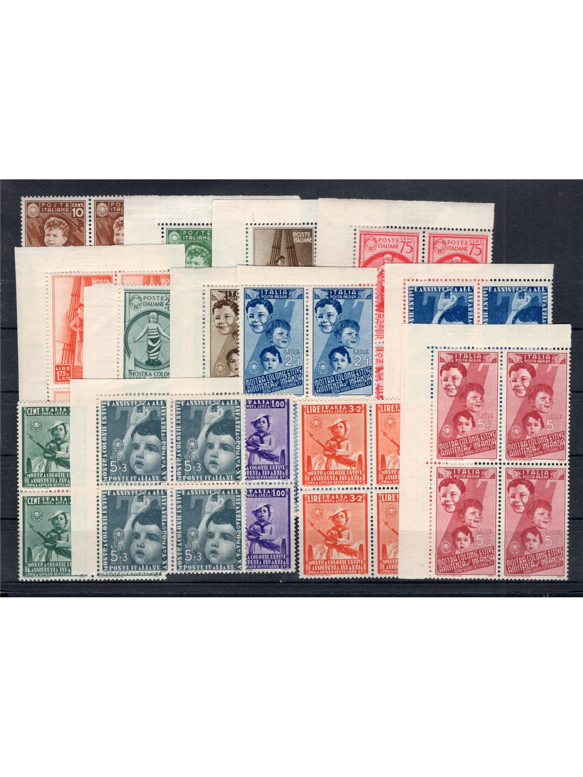 Italy 1937 Summer Camps series no. 406/15 + P.A. 100/05 in a block of four certified by Biondi Cat. €4,500 (**)