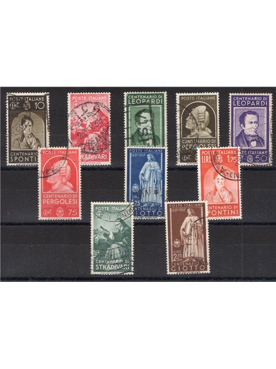 Italy 1937 Illustrious Men series no. 426/35 with postmarks not guaranteed as they are barely legible Cat. €950 (U)