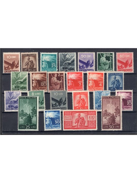 Italy 1945/48 Democratic series no. 543/65 with excellent centring Biondi certificate Cat. €2,025 (**)