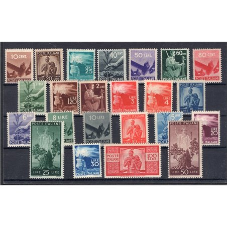 Italia 1945/48 Democratica serie n° 543/65 con ottima centratura Cert. Biondi Cat. € 2.025 (**)