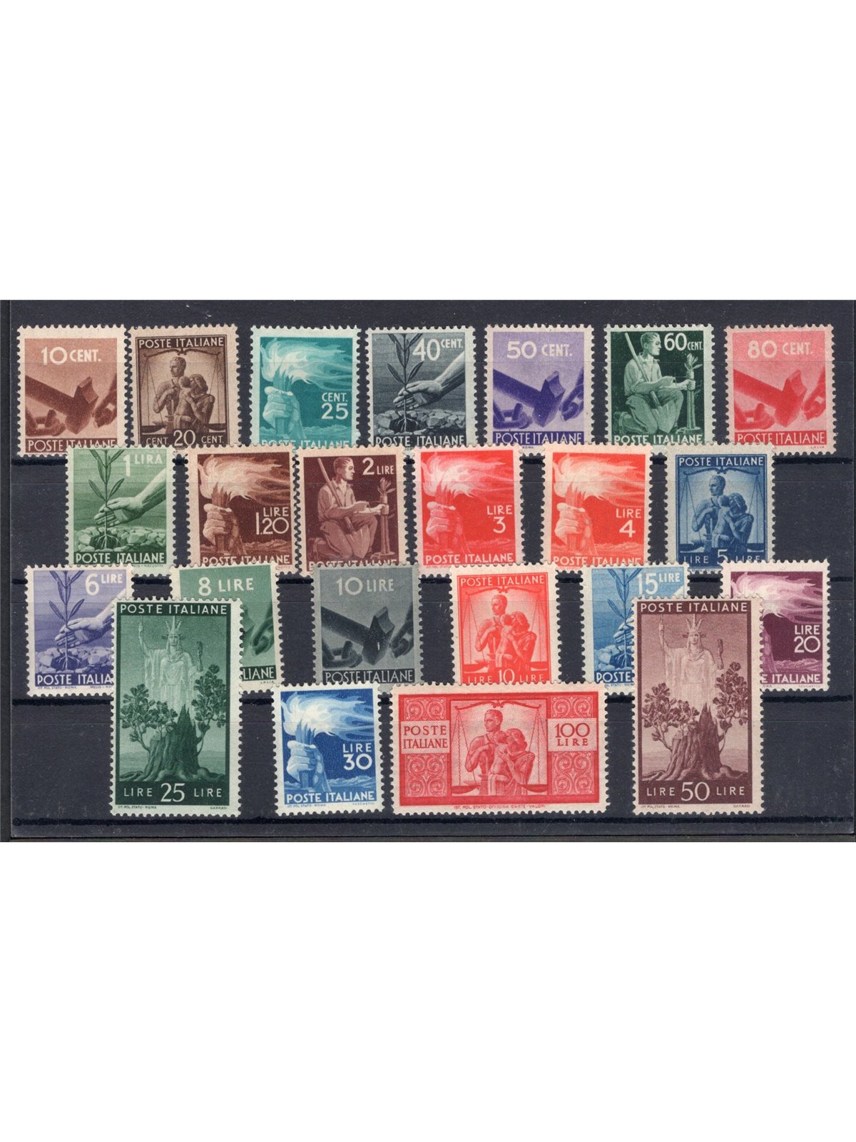 Italy 1945/48 Democratic series no. 543/65 with excellent centring Biondi certificate Cat. €2,025 (**)