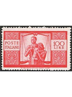 Italia 1945/48 Democratica 100 £ carminio vivo su carta bianca I lastra dent. 14 con filigrana ruota II "CS" Sass. Spec. n° 23/I