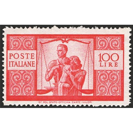 Italia 1945/48 Democratica 100 £ carminio vivo su carta bianca I lastra dent. 14 con filigrana ruota II "CS" Sass. Spec. n° 23/I
