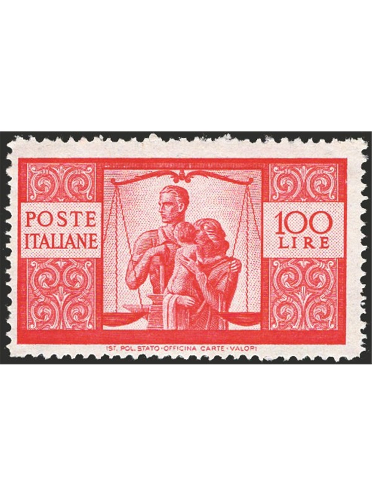 Italy 1945/48 Democratic 100 £ bright carmine on white paper sheet I 14 per sheet with wheel watermark II ‘CS’ Sass. Spec. No. 2