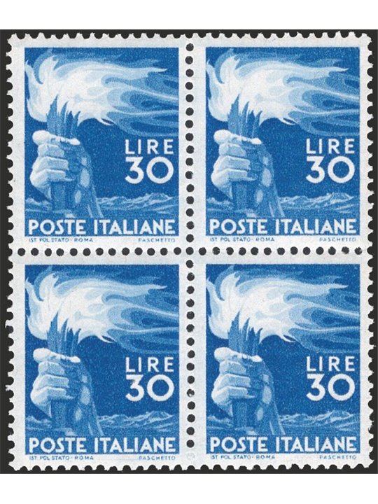 Italy 1945/48 Democratic 30 £ light blue in block of four no. 563 with excellent centring Cert. CiBaFil Cat. €2,300+ (**)